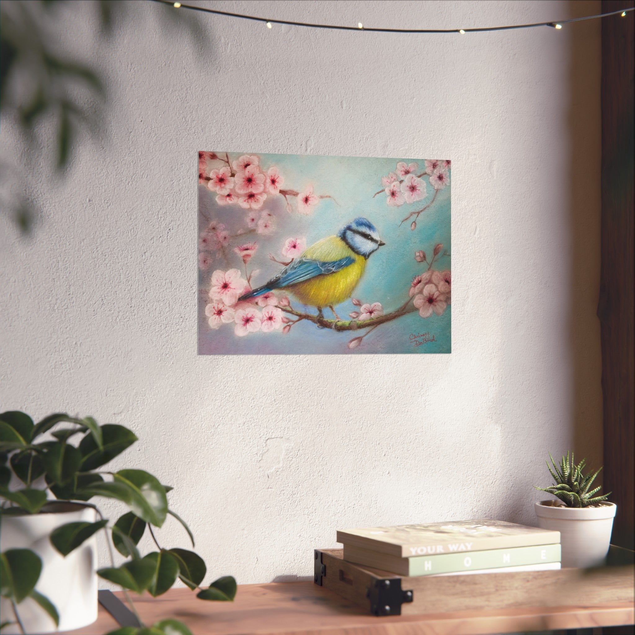 Blue Tit Bird Fine Art Poster — Cherry Blossom Wall Art Print