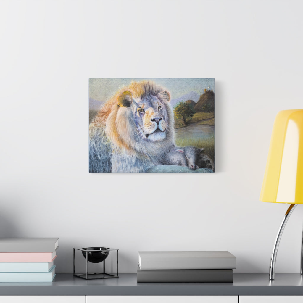 "Lion and Lamb" Matte Canvas Wall Art — Peaceful Religious Landscape