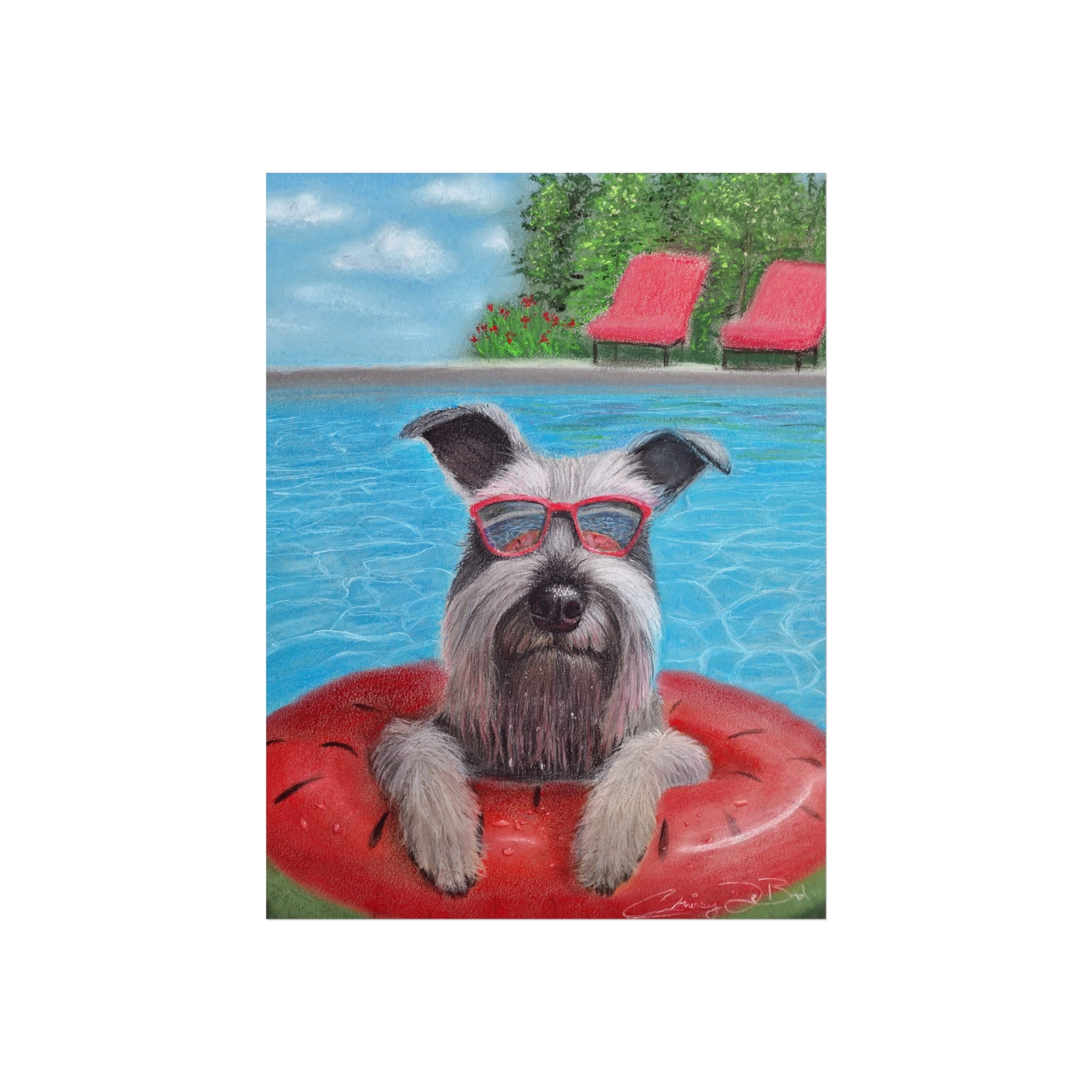 "Cool in the Pool" Fine Art Poster — Schnauzer in Sunglasses Summer Wall Print