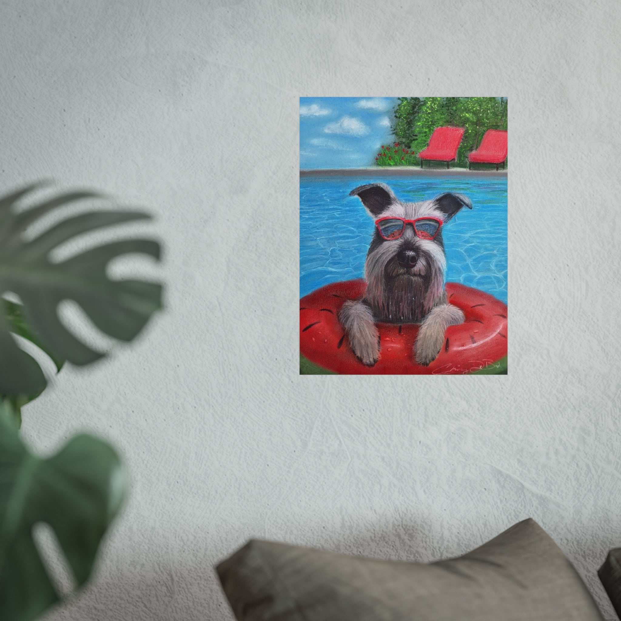 "Cool in the Pool" Fine Art Poster — Schnauzer in Sunglasses Summer Wall Print