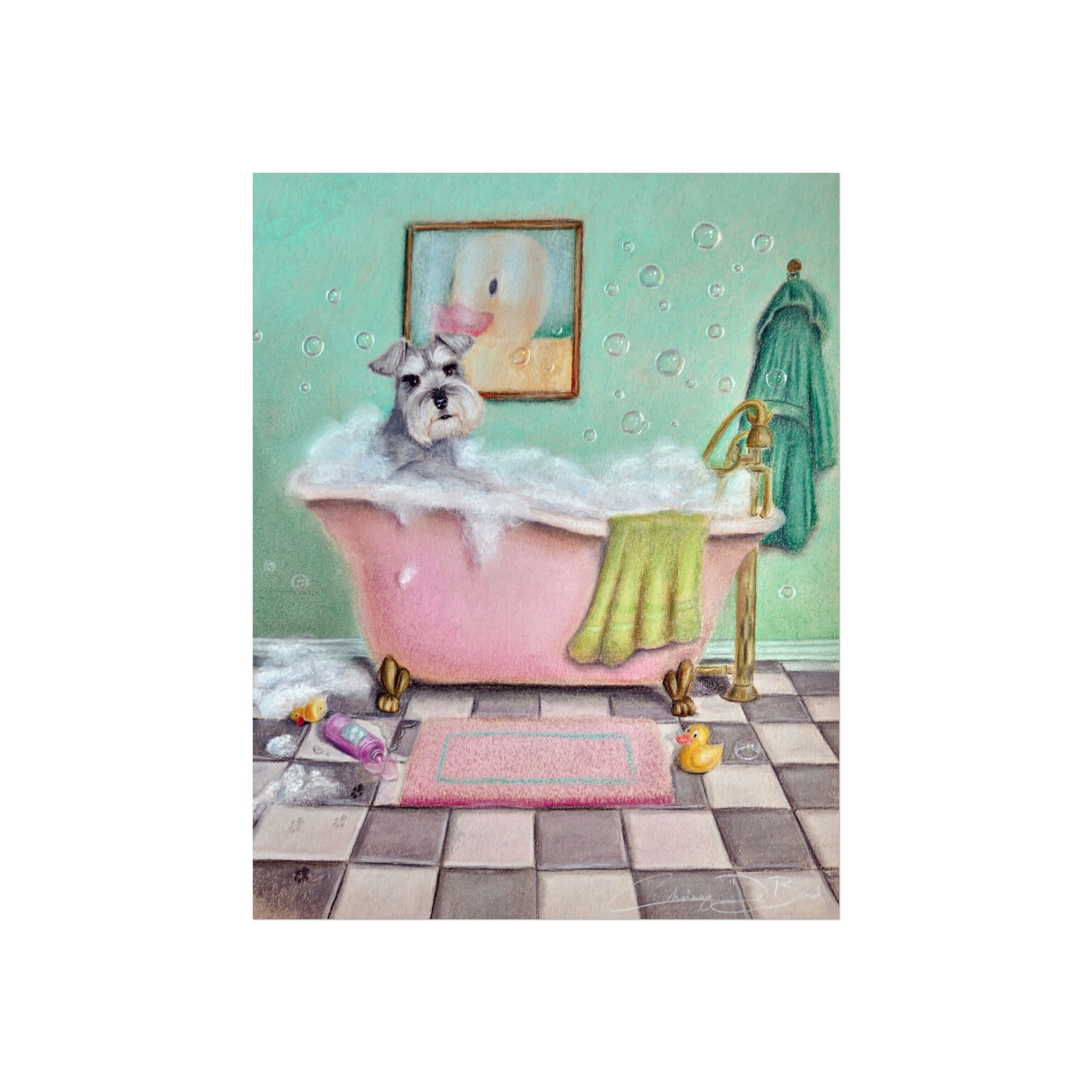 Schnauzer Bubble Bath Fine Art Poster — Whimsical Bathroom Wall Art