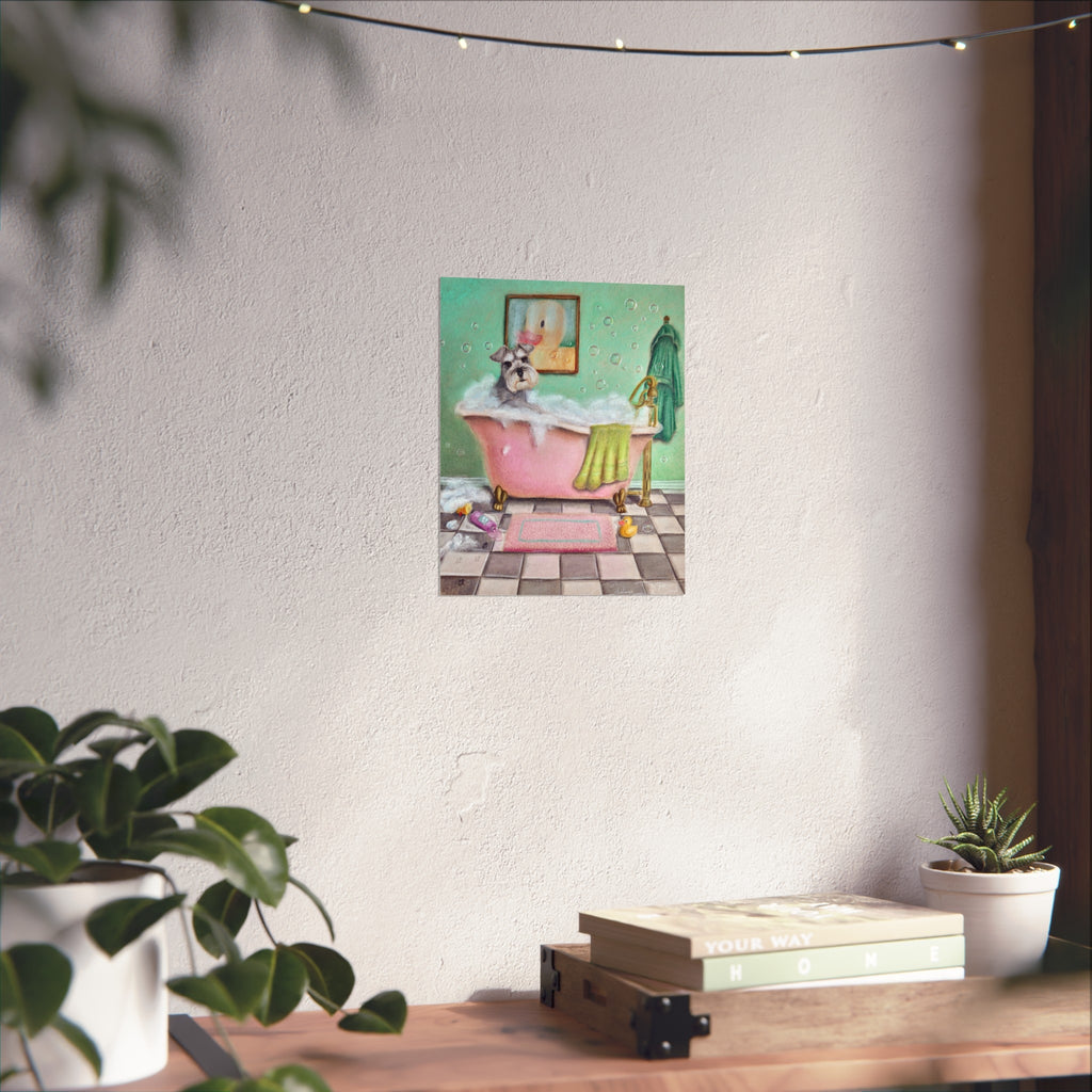 Schnauzer Bubble Bath Fine Art Poster — Whimsical Bathroom Wall Art