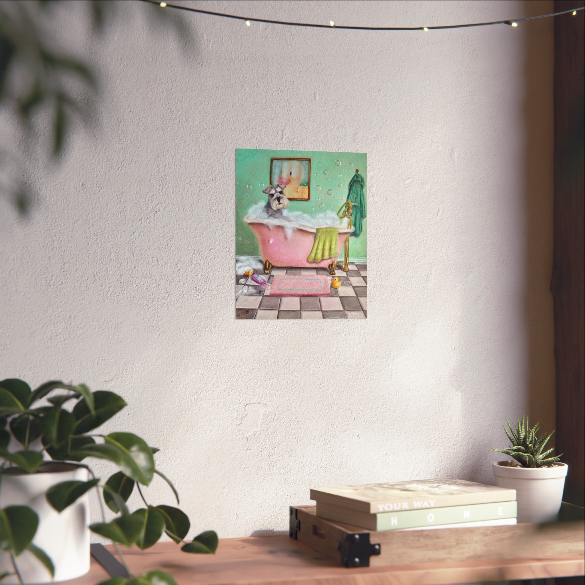 Schnauzer Bubble Bath Fine Art Poster — Whimsical Bathroom Wall Art