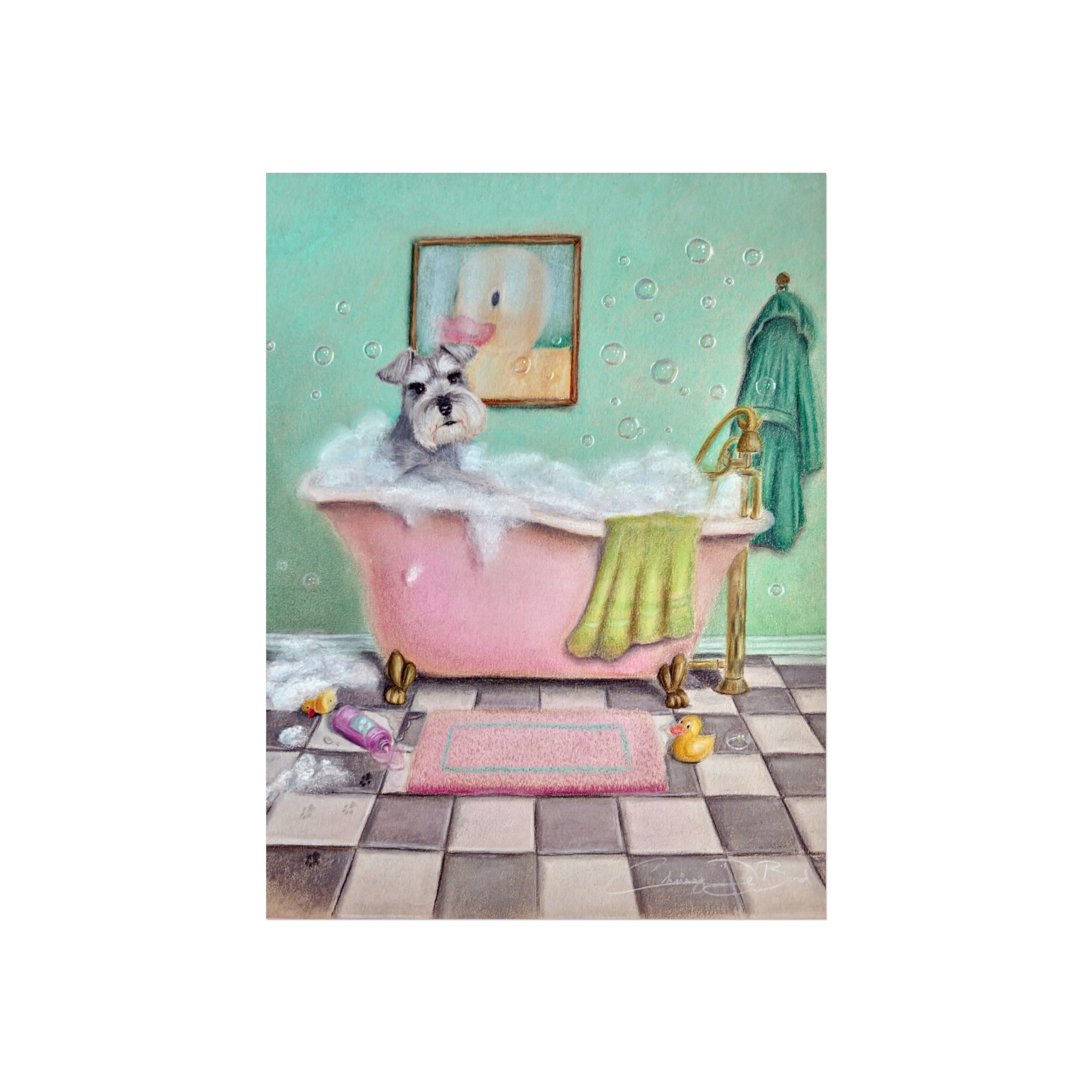 Schnauzer Bubble Bath Fine Art Poster — Whimsical Bathroom Wall Art