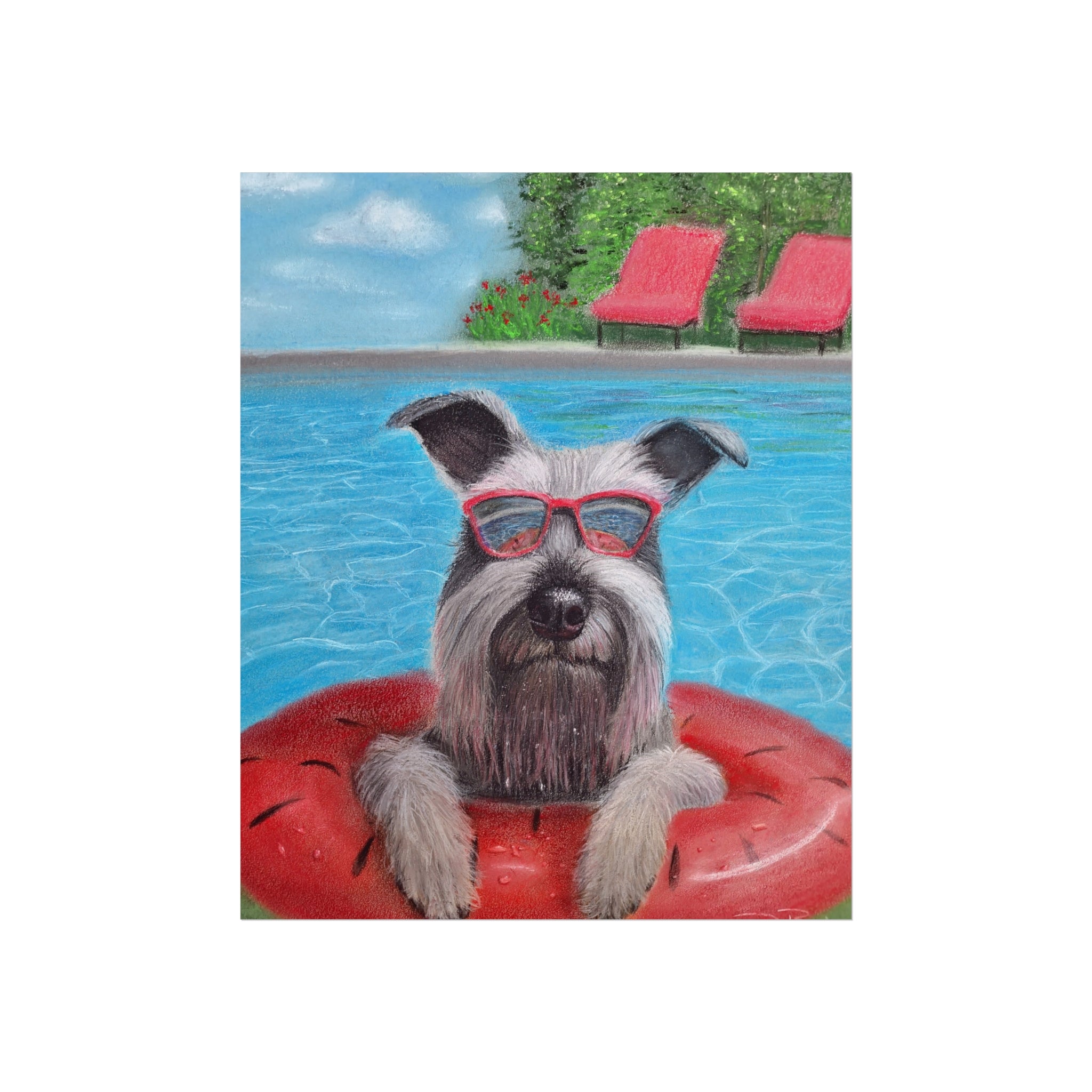 "Cool in the Pool" Fine Art Poster — Schnauzer in Sunglasses Summer Wall Print