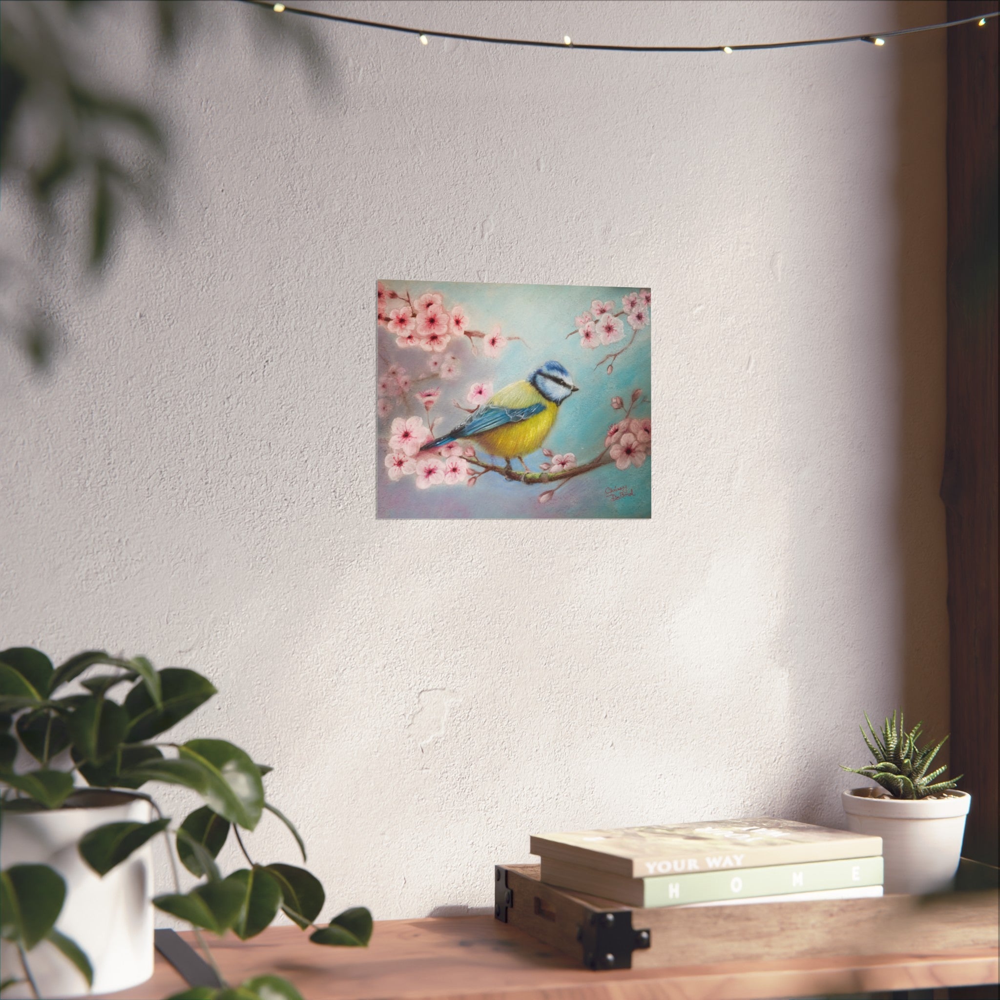 Blue Tit Bird Fine Art Poster — Cherry Blossom Wall Art Print