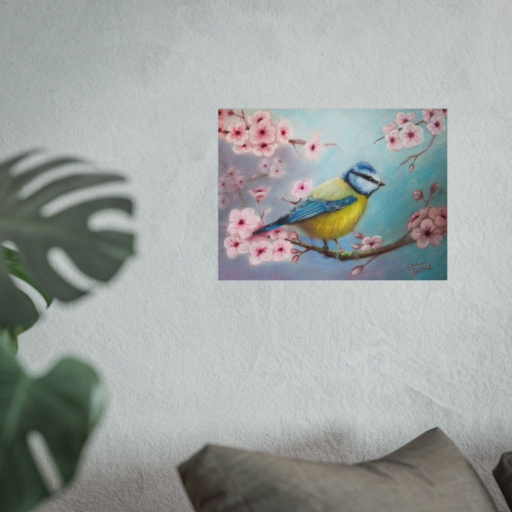 Blue Tit Bird Fine Art Poster — Cherry Blossom Wall Art Print