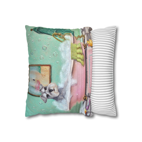 "Bath Time Bubbles" Decorative Pillowcase — Cute Bathroom Pet Art Throw Pillow Cover