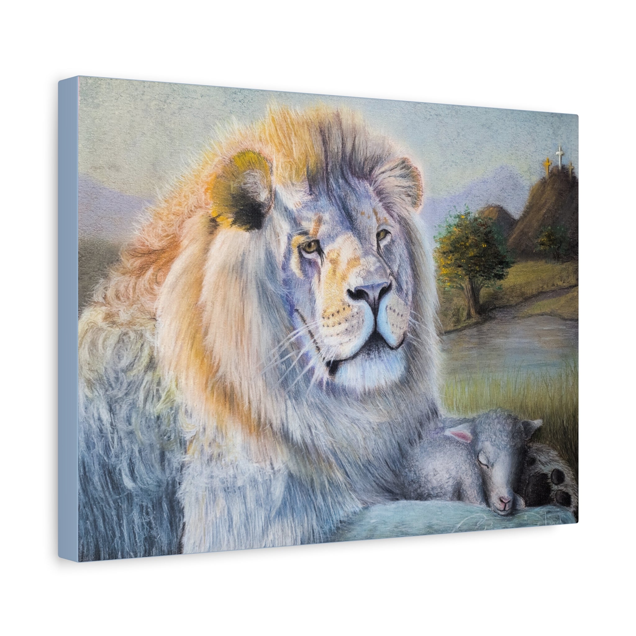 "Lion and Lamb" Matte Canvas Wall Art — Peaceful Religious Landscape