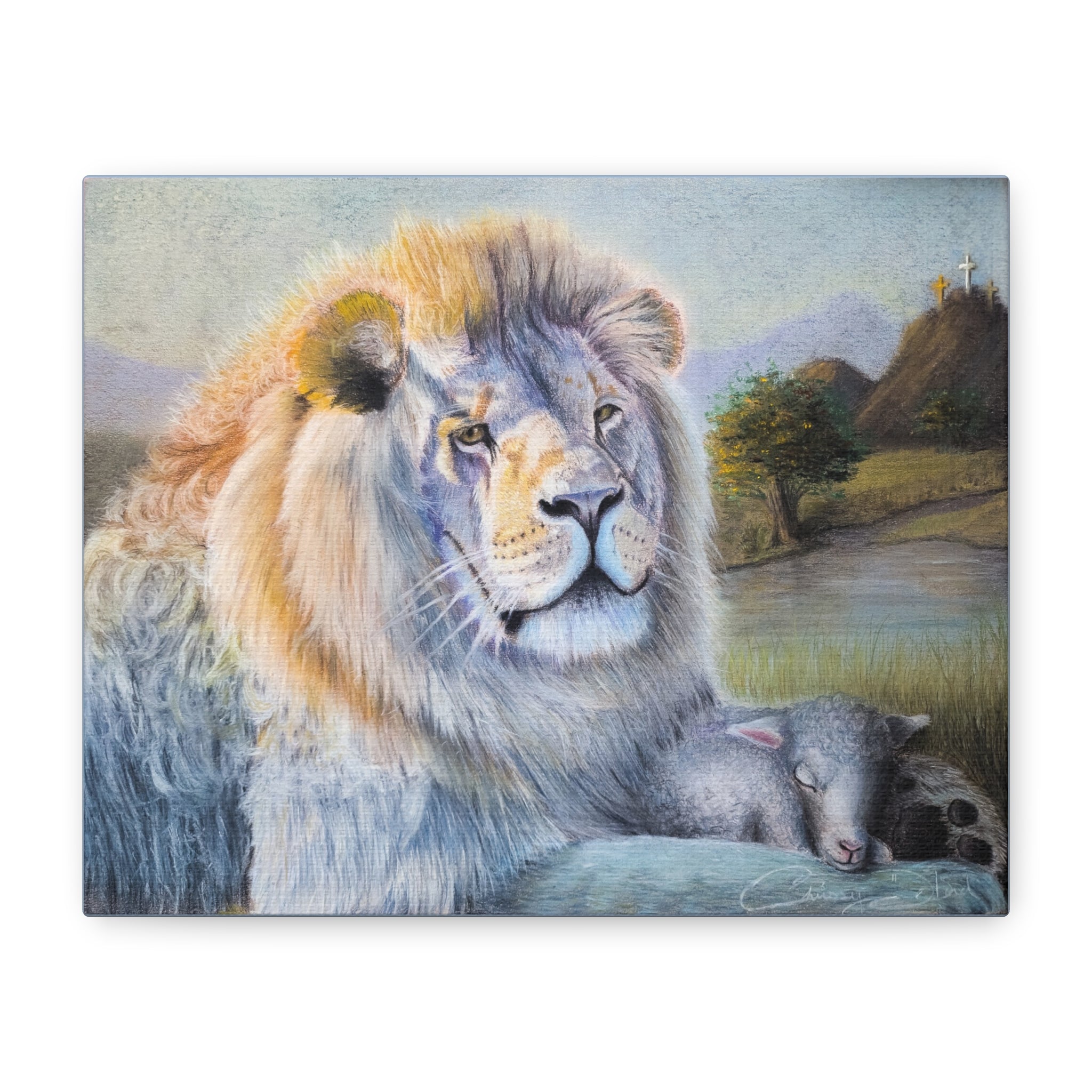 Lion and Lamb Matte Canvas Wall Art — Peaceful Religious Landscape