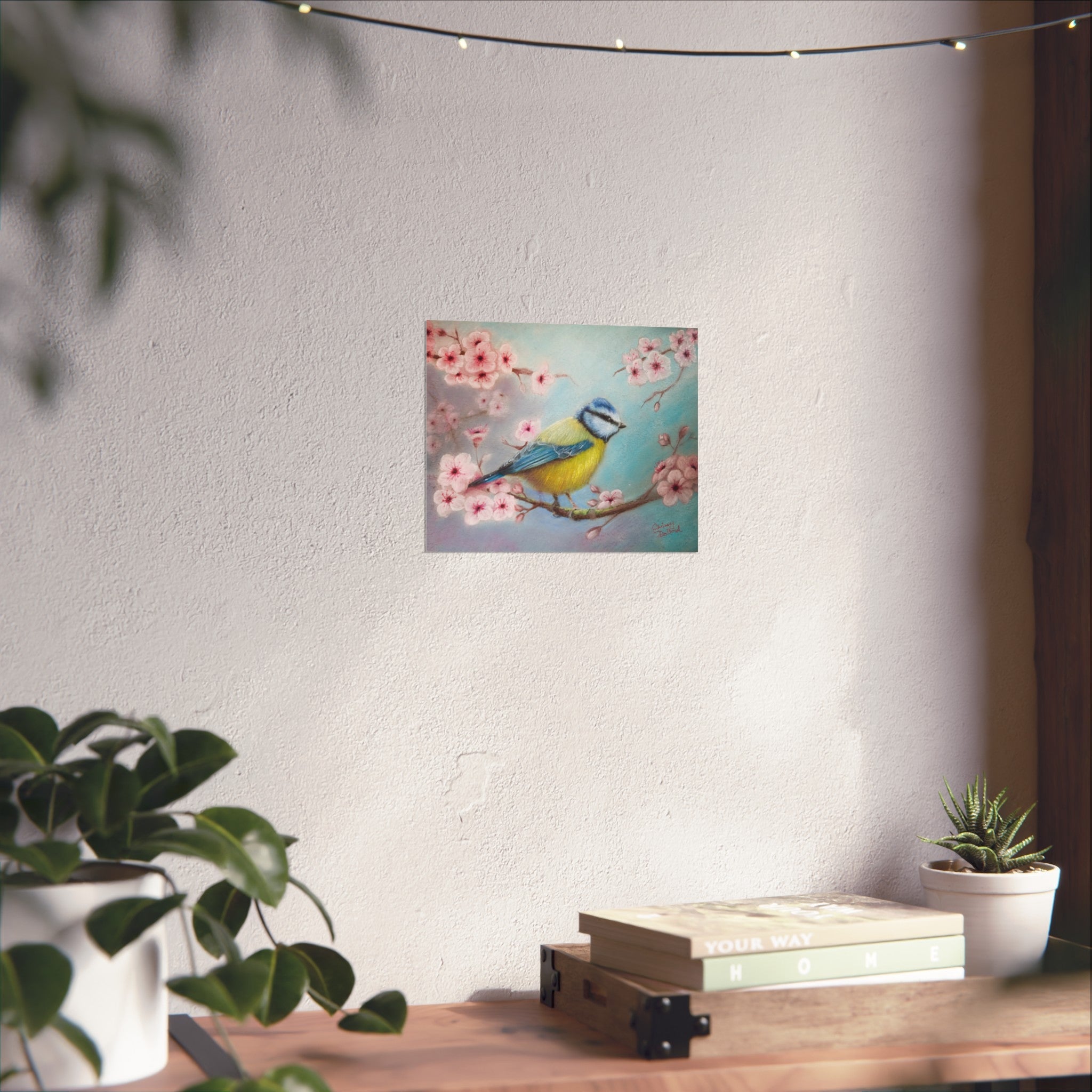 Blue Tit Bird Fine Art Poster — Cherry Blossom Wall Art Print