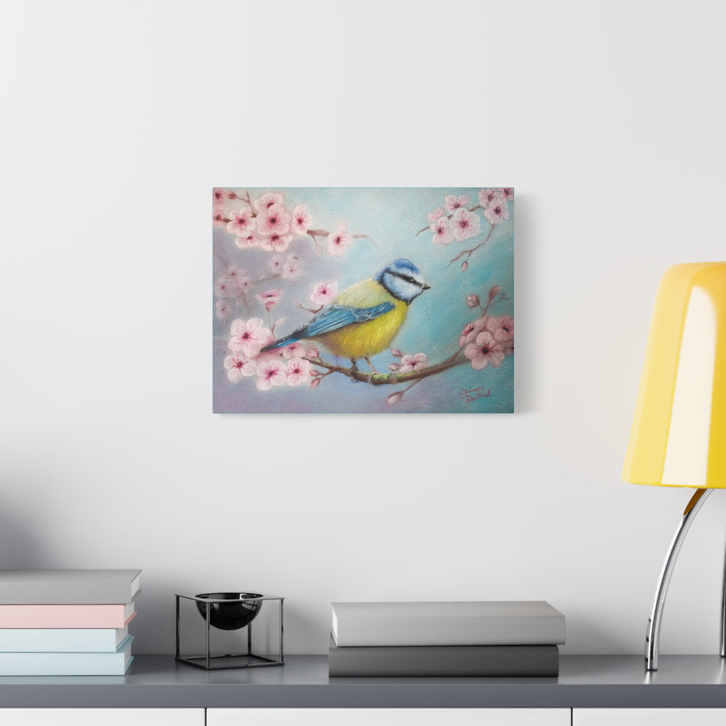 Blue Tit Bird Canvas Art — Spring Cherry Blossom Wall Decor