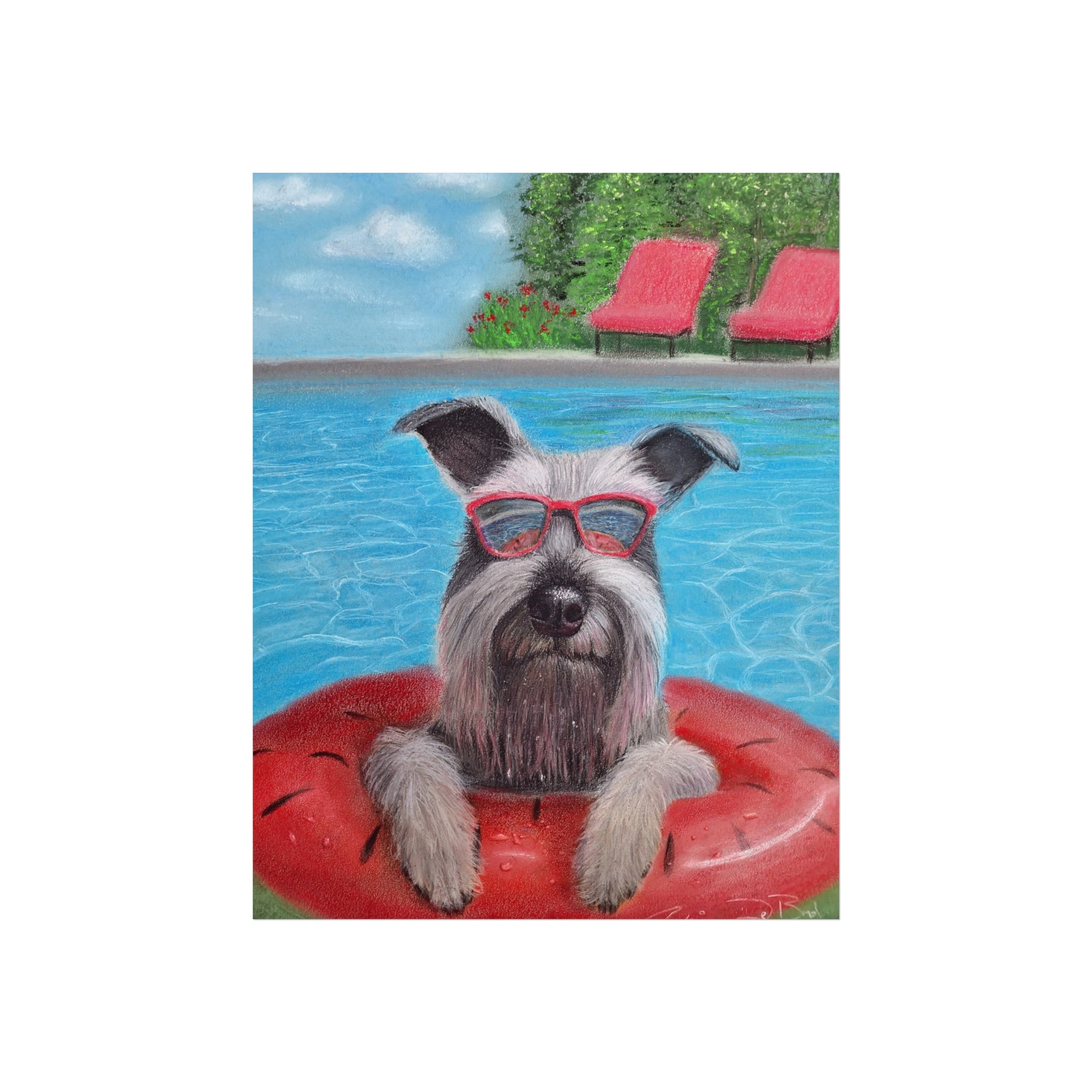 "Cool in the Pool" Fine Art Poster — Schnauzer in Sunglasses Summer Wall Print