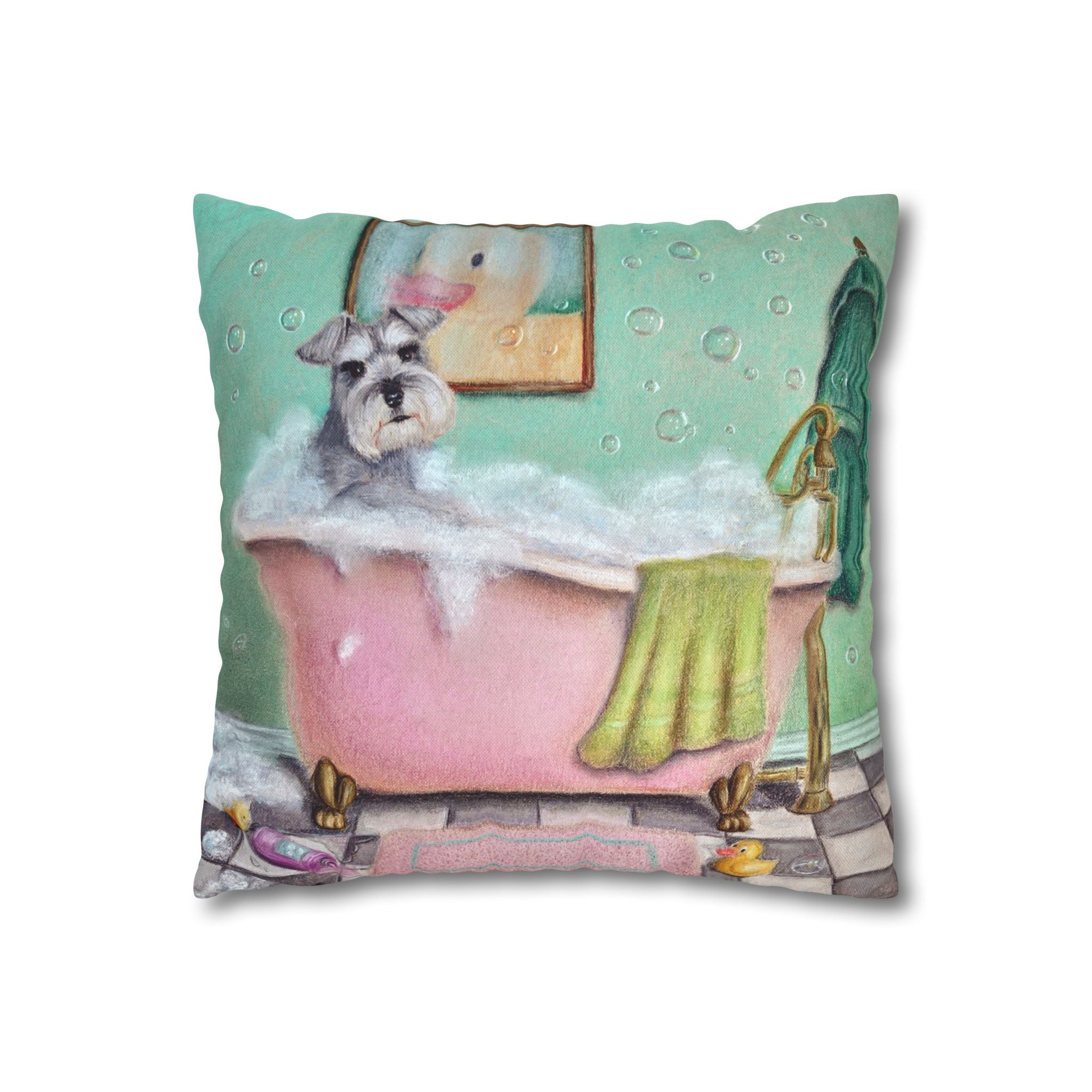 Schnauzer in Bubble Bath Decorative Pillowcase — Cute Bathroom Pet Art Throw Pillow Cover