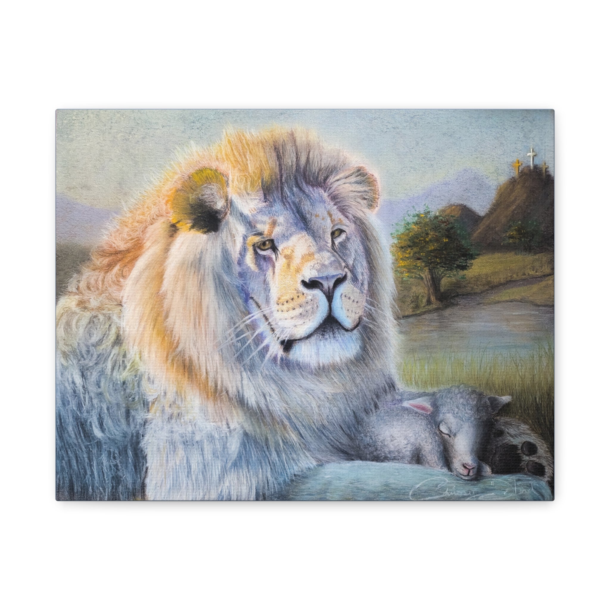 Lion and Lamb Matte Canvas Wall Art — Peaceful Religious Landscape