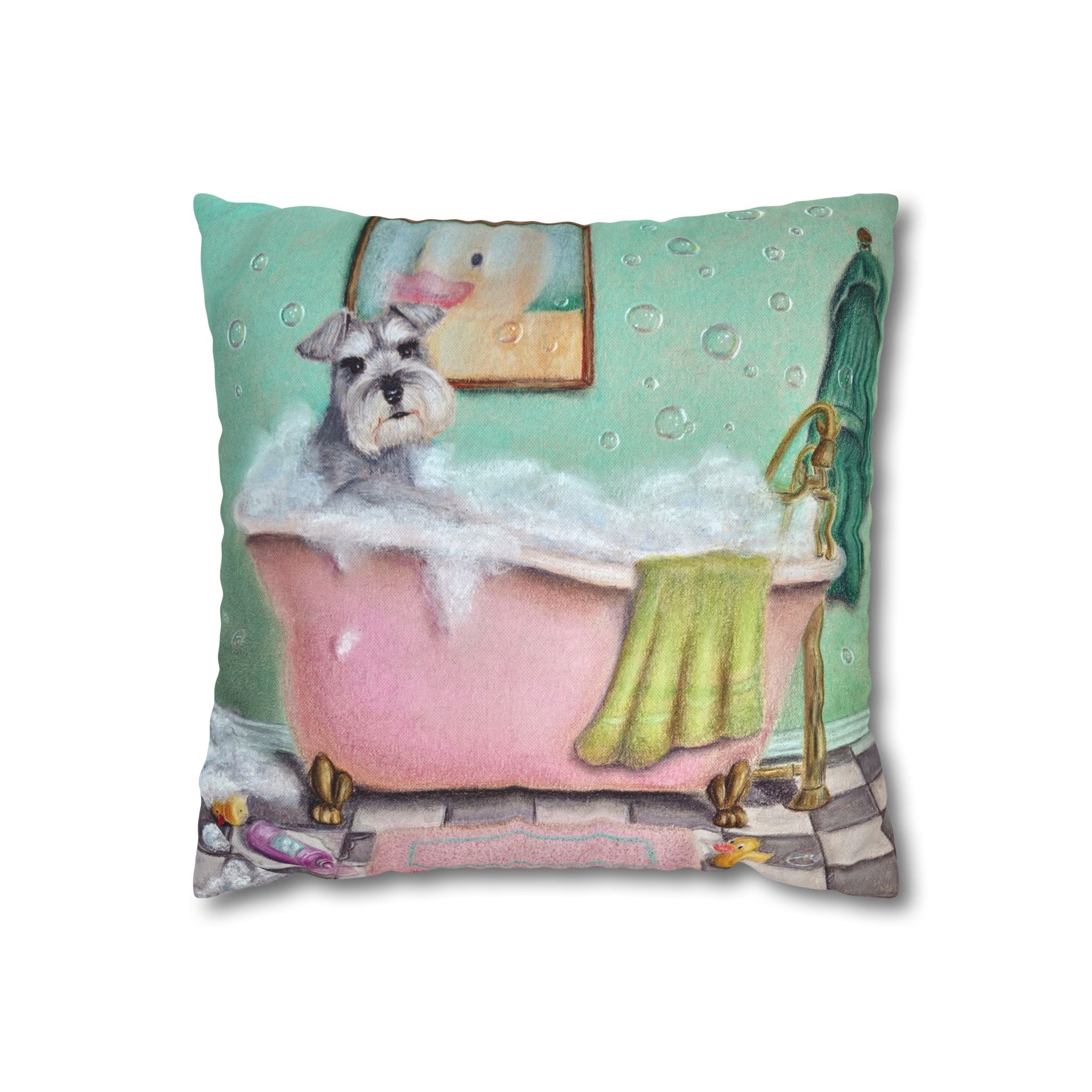 Schnauzer in Bubble Bath Decorative Pillowcase — Cute Bathroom Pet Art Throw Pillow Cover