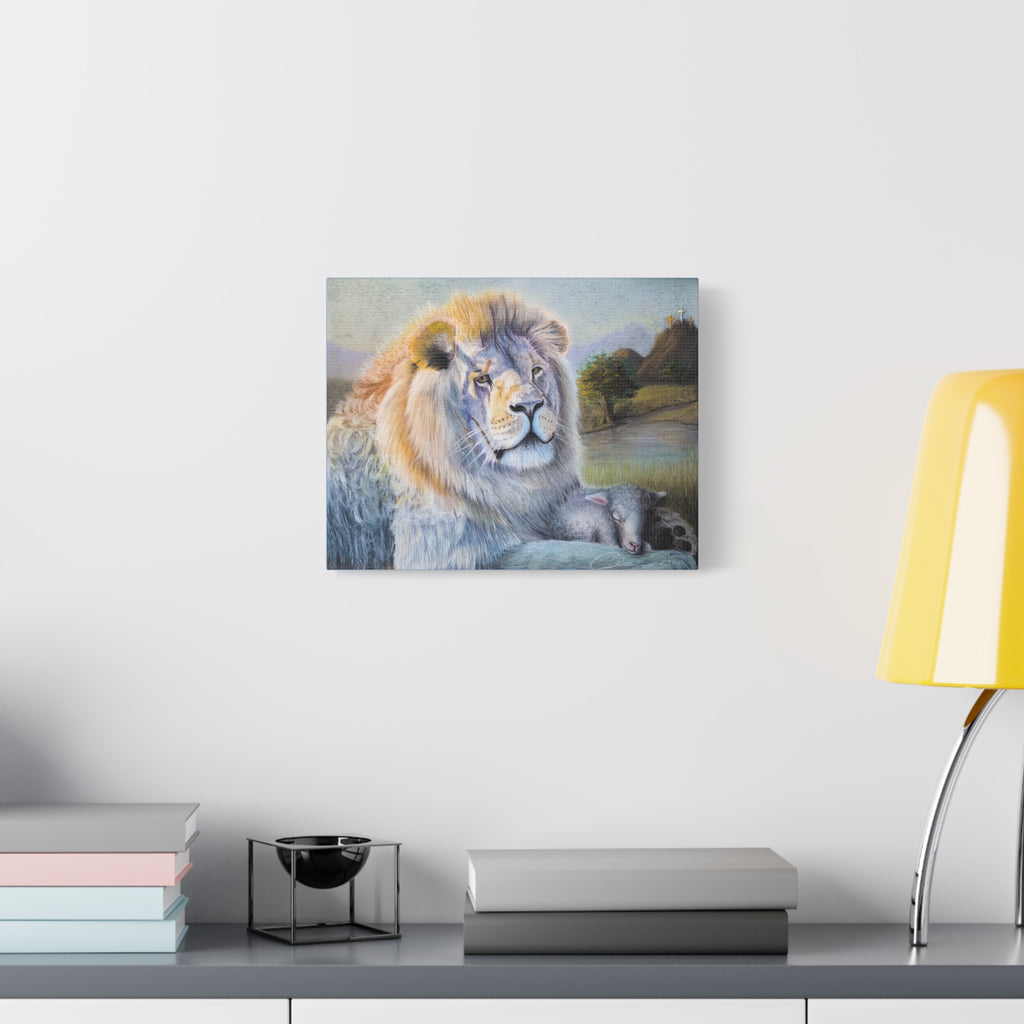 "Lion and Lamb" Matte Canvas Wall Art — Peaceful Religious Landscape
