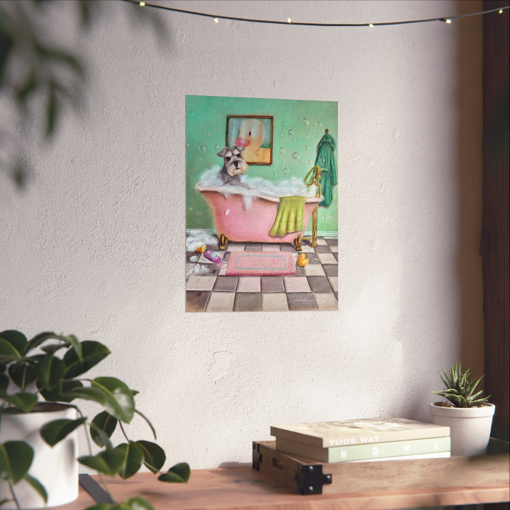 Schnauzer Bubble Bath Fine Art Poster — Whimsical Bathroom Wall Art
