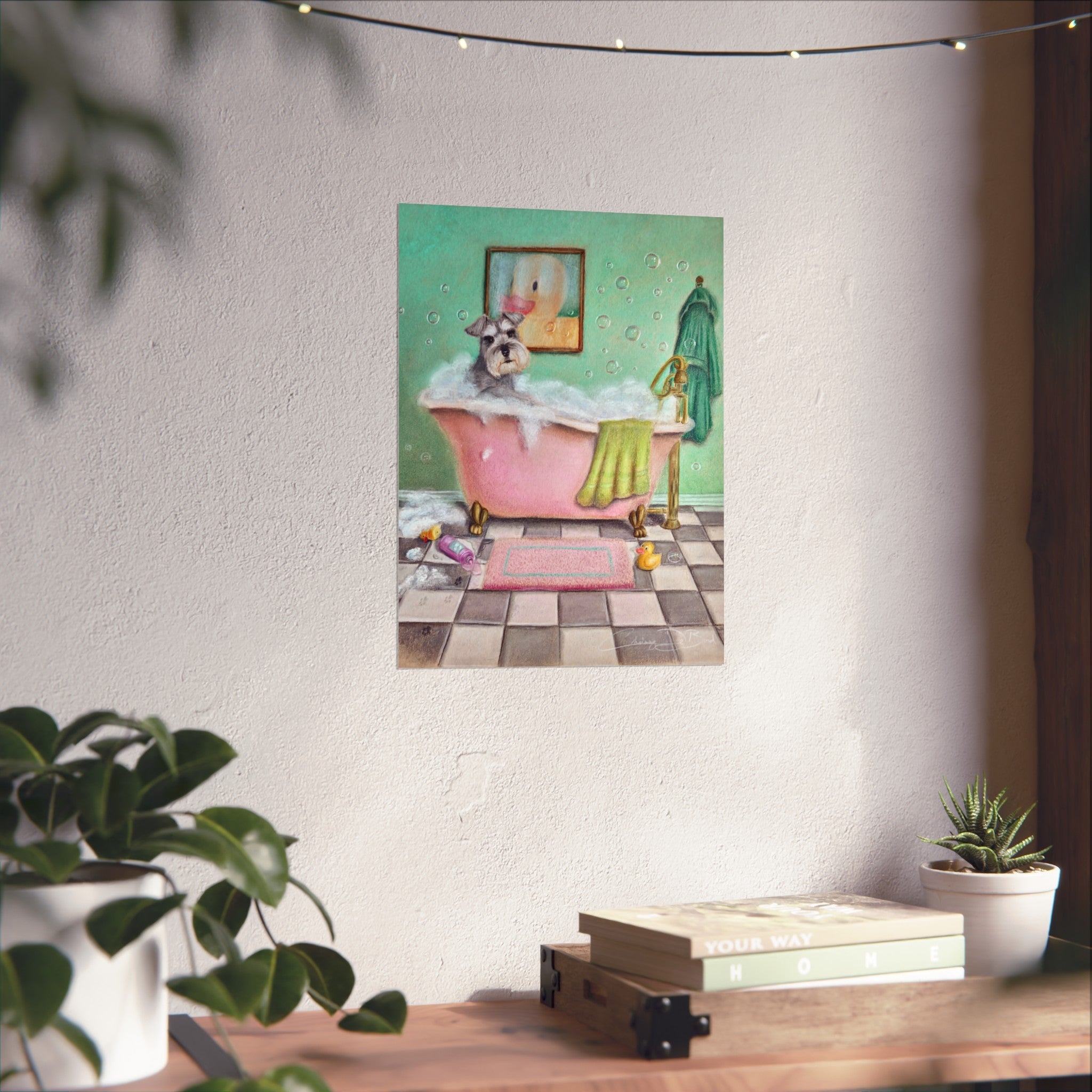 Schnauzer Bubble Bath Fine Art Poster — Whimsical Bathroom Wall Art