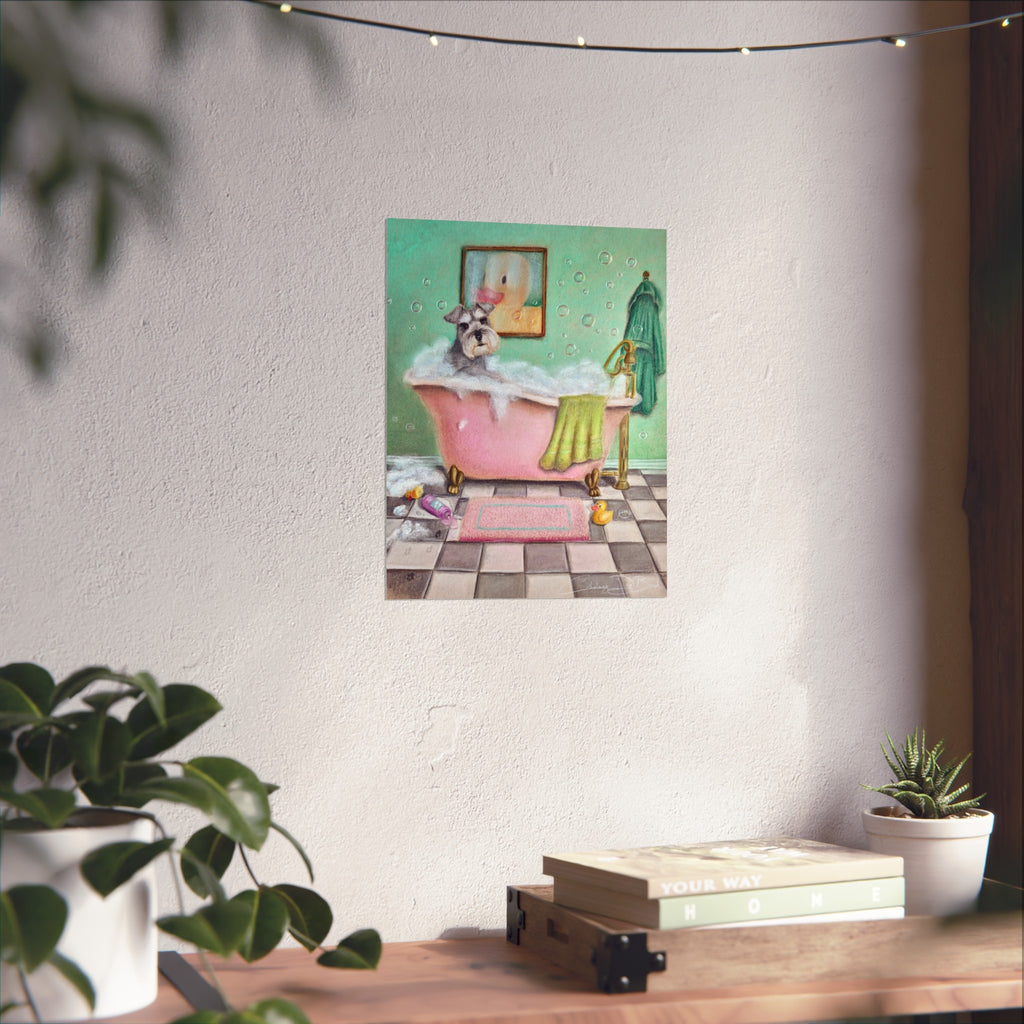 Schnauzer Bubble Bath Fine Art Poster — Whimsical Bathroom Wall Art