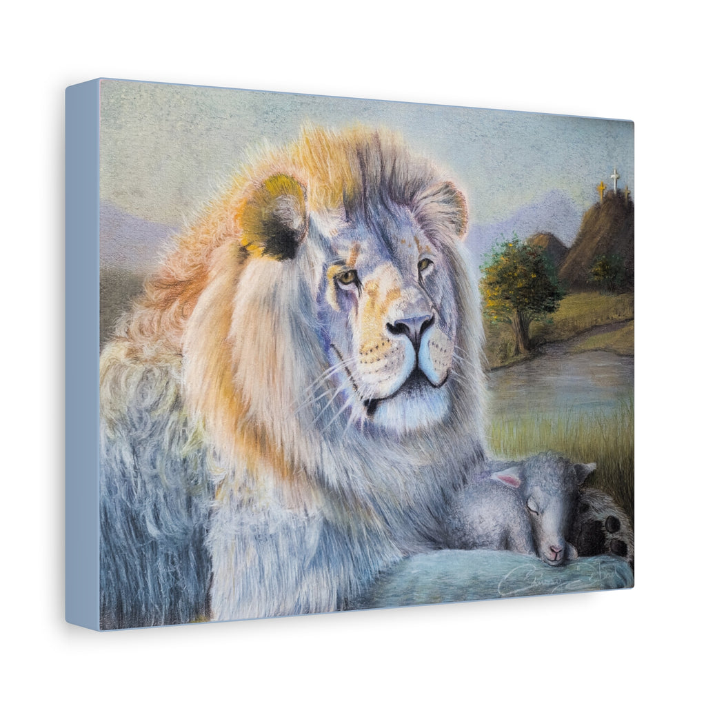 "Lion and Lamb" Matte Canvas Wall Art — Peaceful Religious Landscape