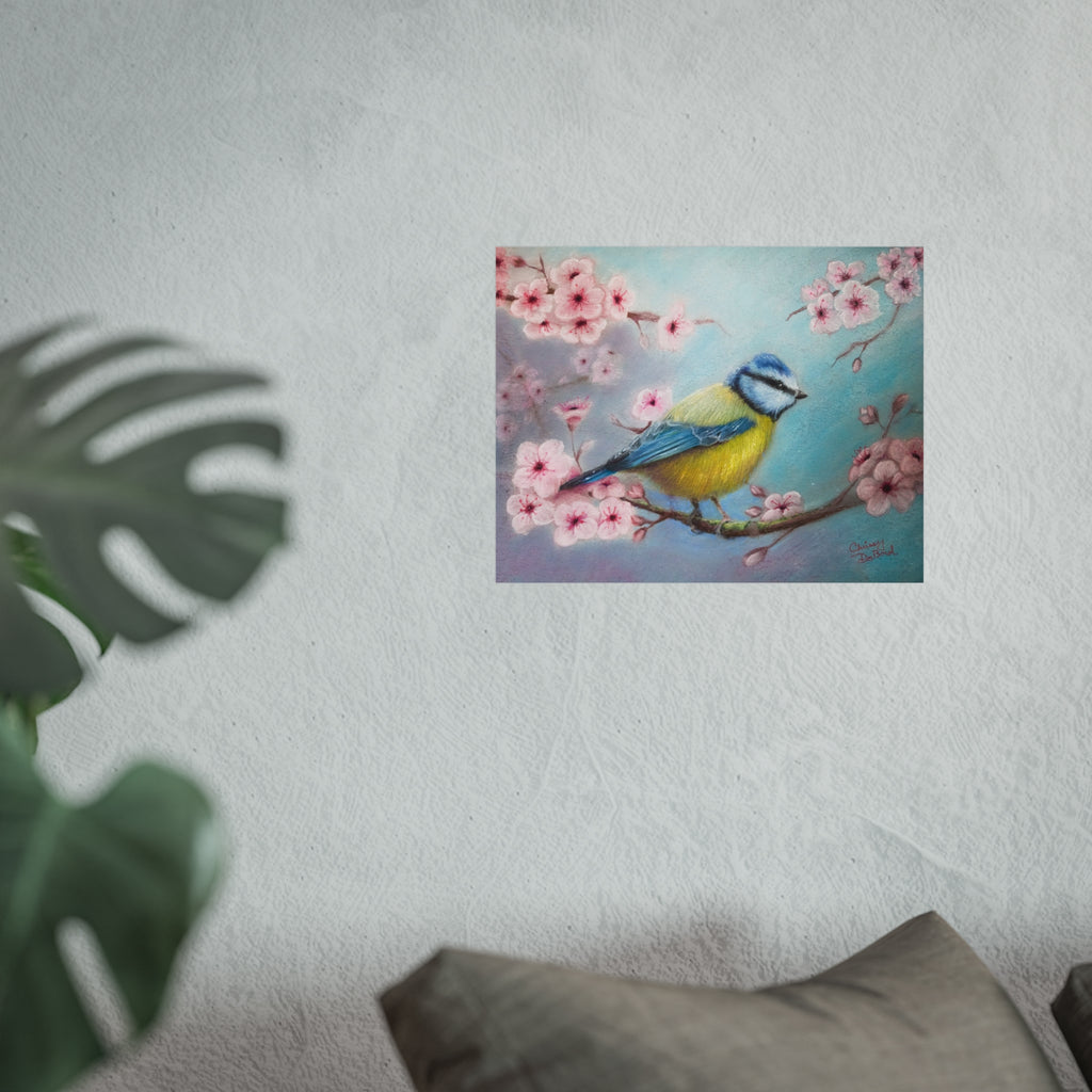 Blue Tit Bird Fine Art Poster — Cherry Blossom Wall Art Print