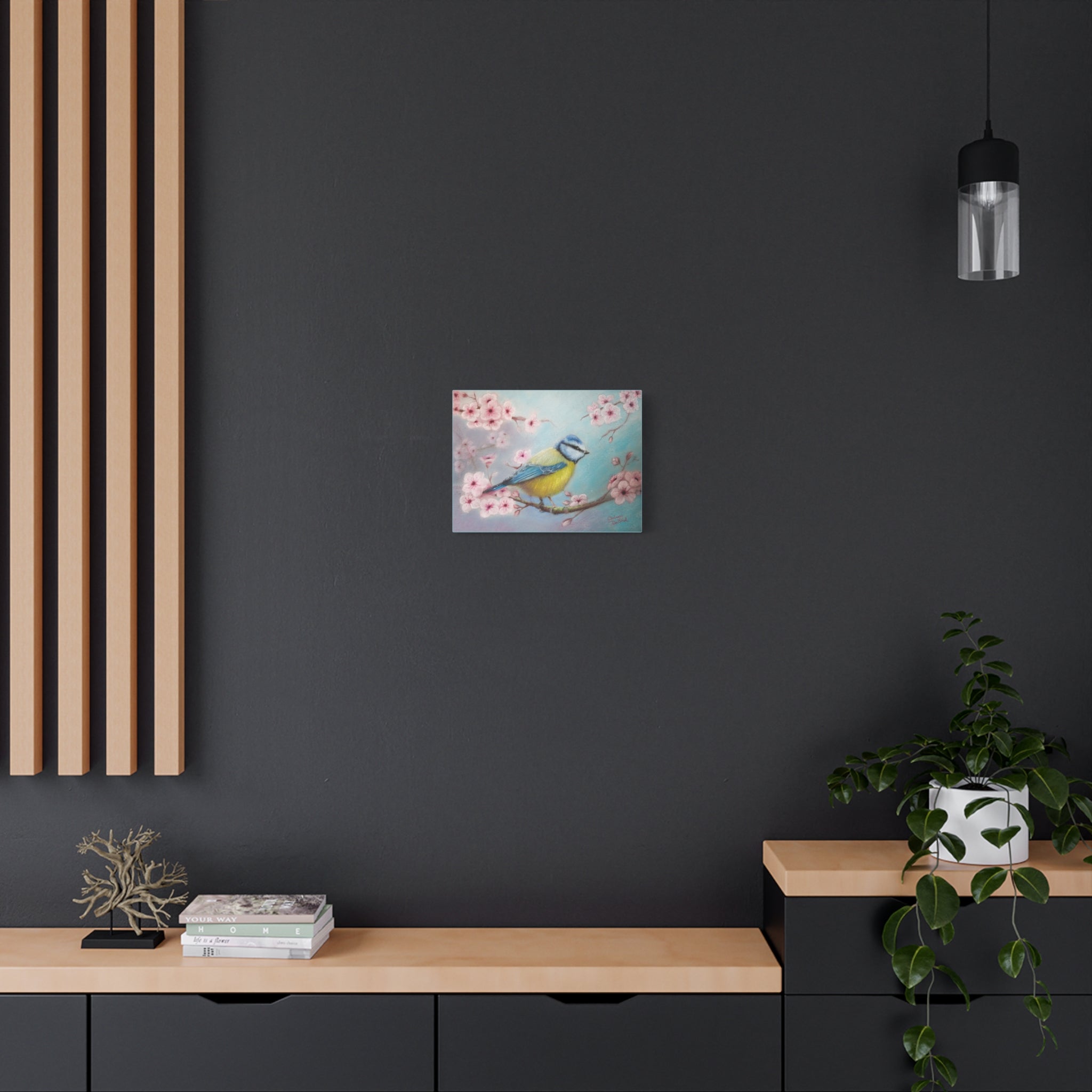 Blue Tit Bird Canvas Art — Spring Cherry Blossom Wall Decor