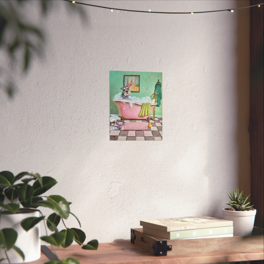 Schnauzer Bubble Bath Fine Art Poster — Whimsical Bathroom Wall Art