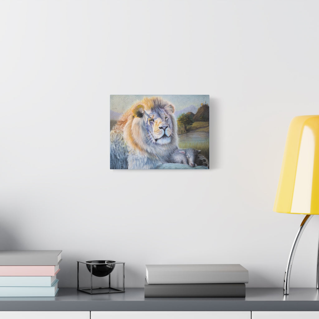 "Lion and Lamb" Matte Canvas Wall Art — Peaceful Religious Landscape