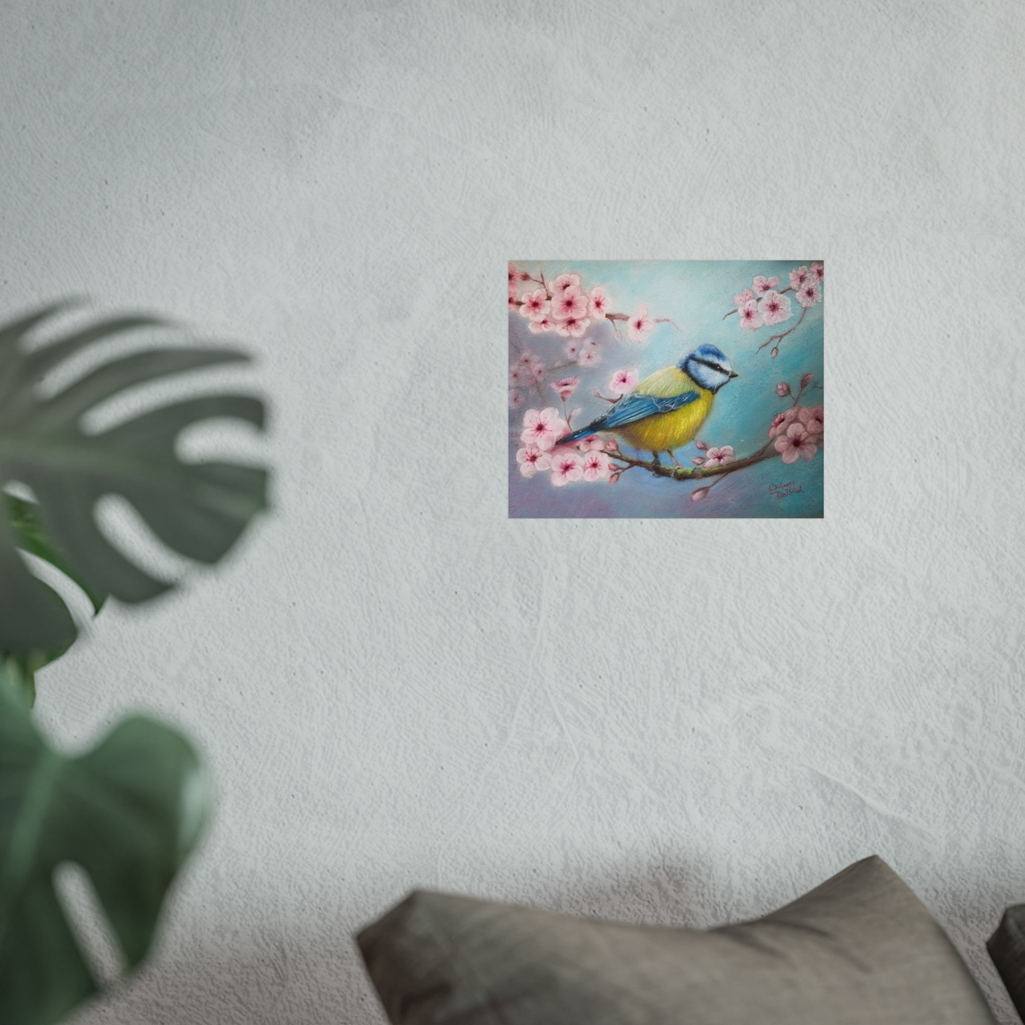 Blue Tit Bird Fine Art Poster — Cherry Blossom Wall Art Print