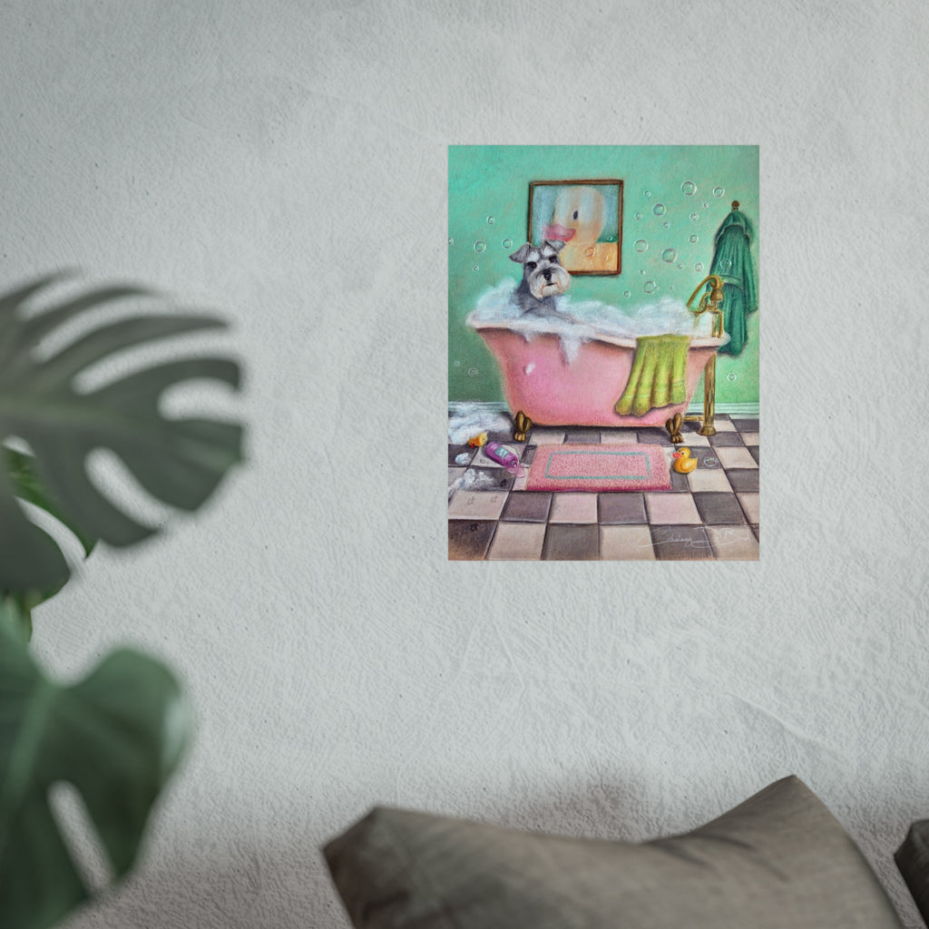 Schnauzer Bubble Bath Fine Art Poster — Whimsical Bathroom Wall Art