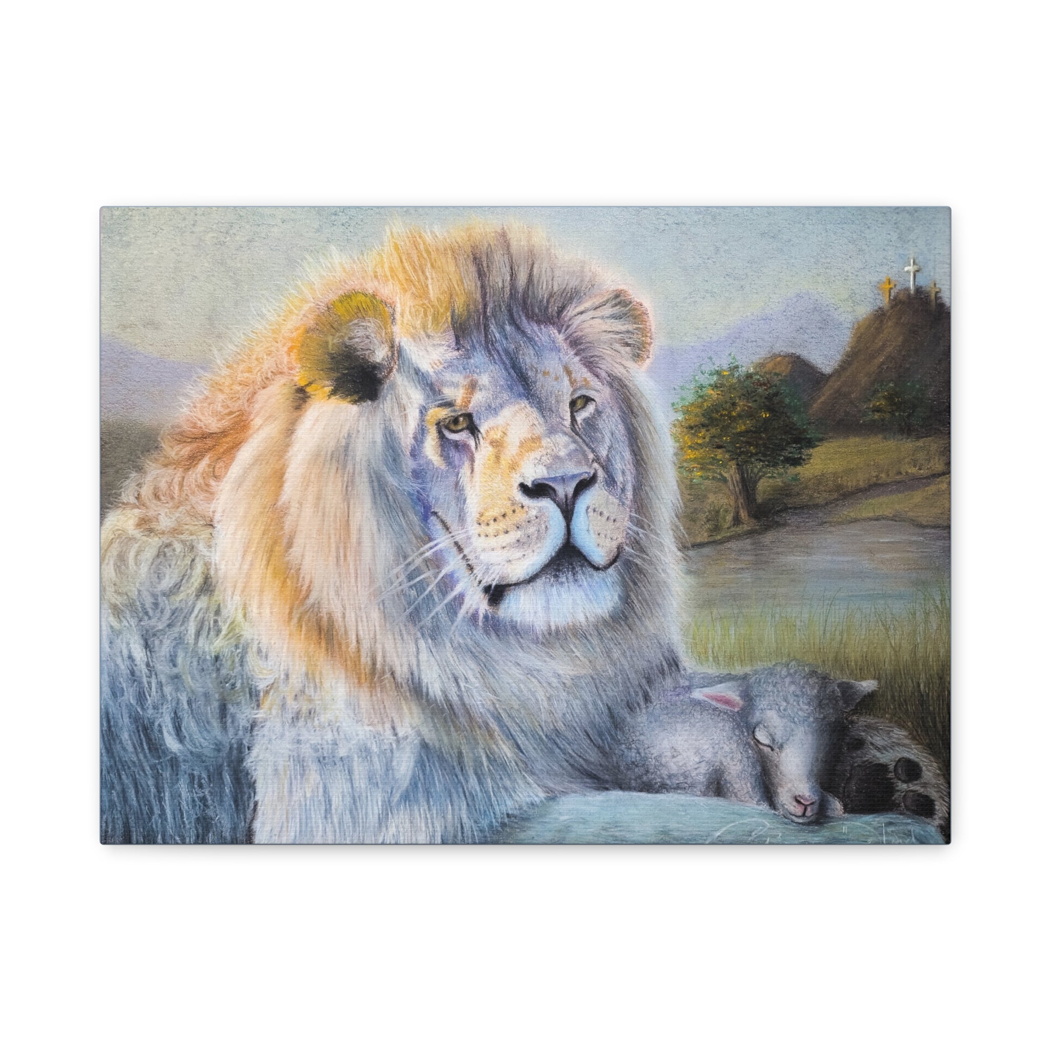Lion and Lamb Matte Canvas Wall Art — Peaceful Religious Landscape