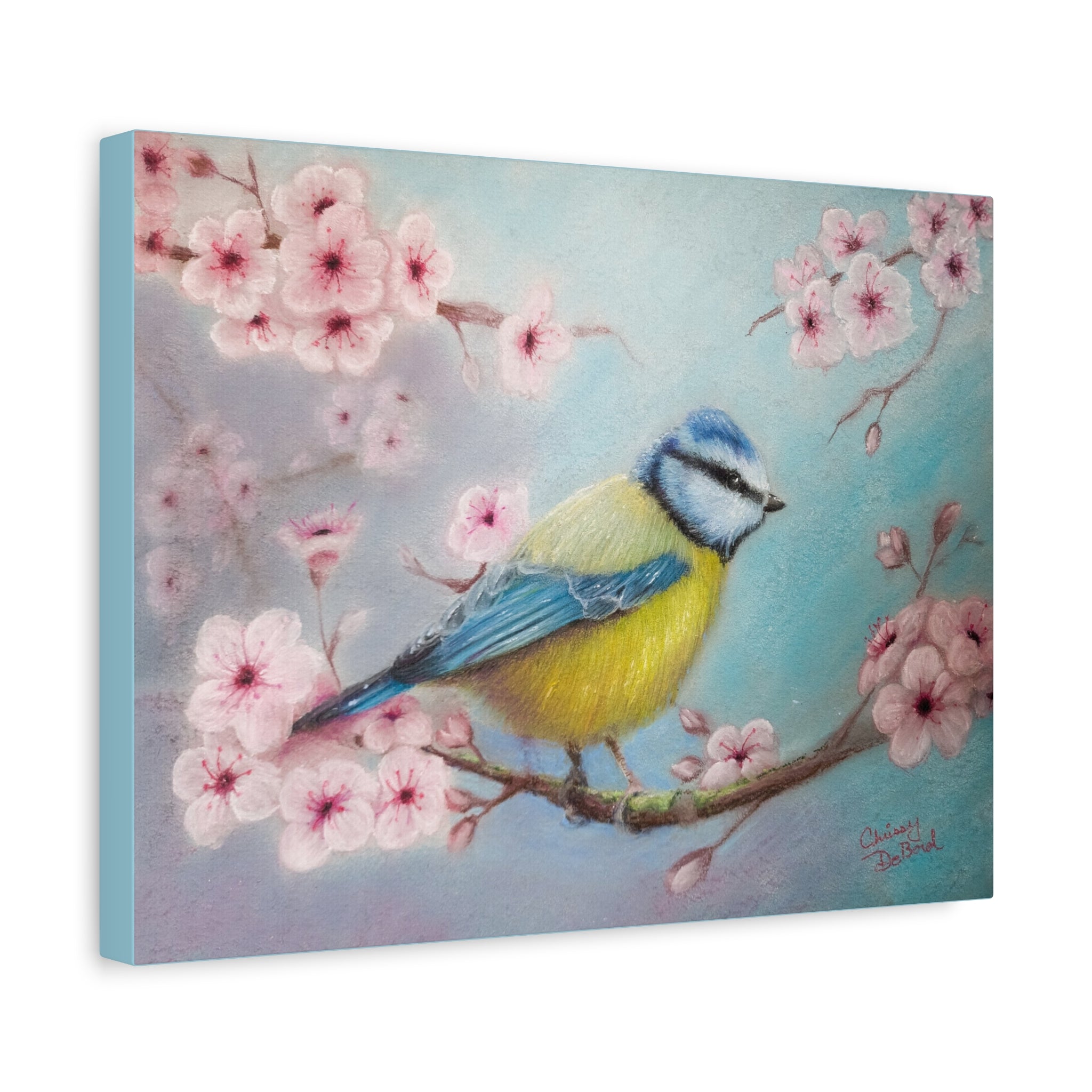 Blue Tit Bird Canvas Art — Spring Cherry Blossom Wall Decor