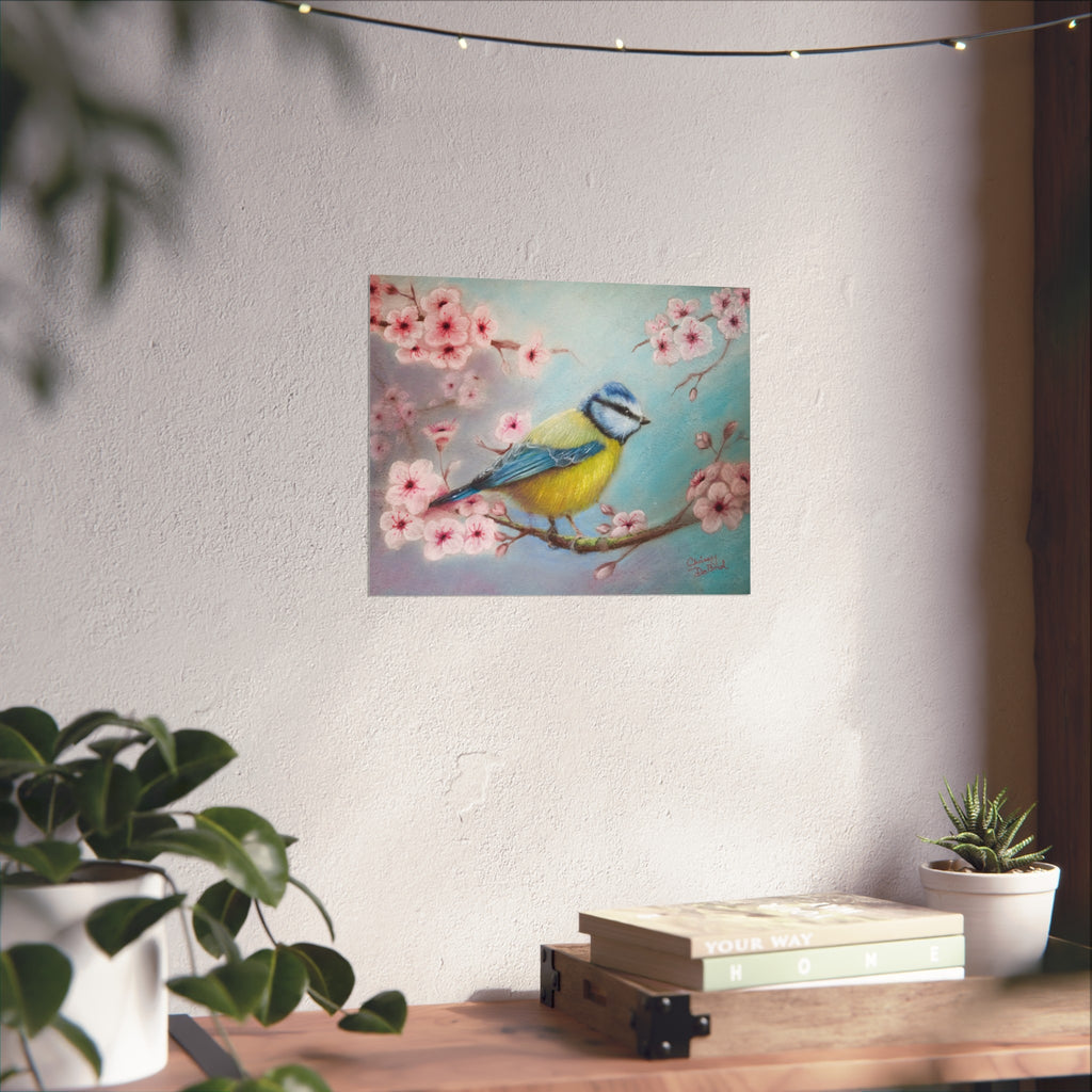 Blue Tit Bird Fine Art Poster — Cherry Blossom Wall Art Print