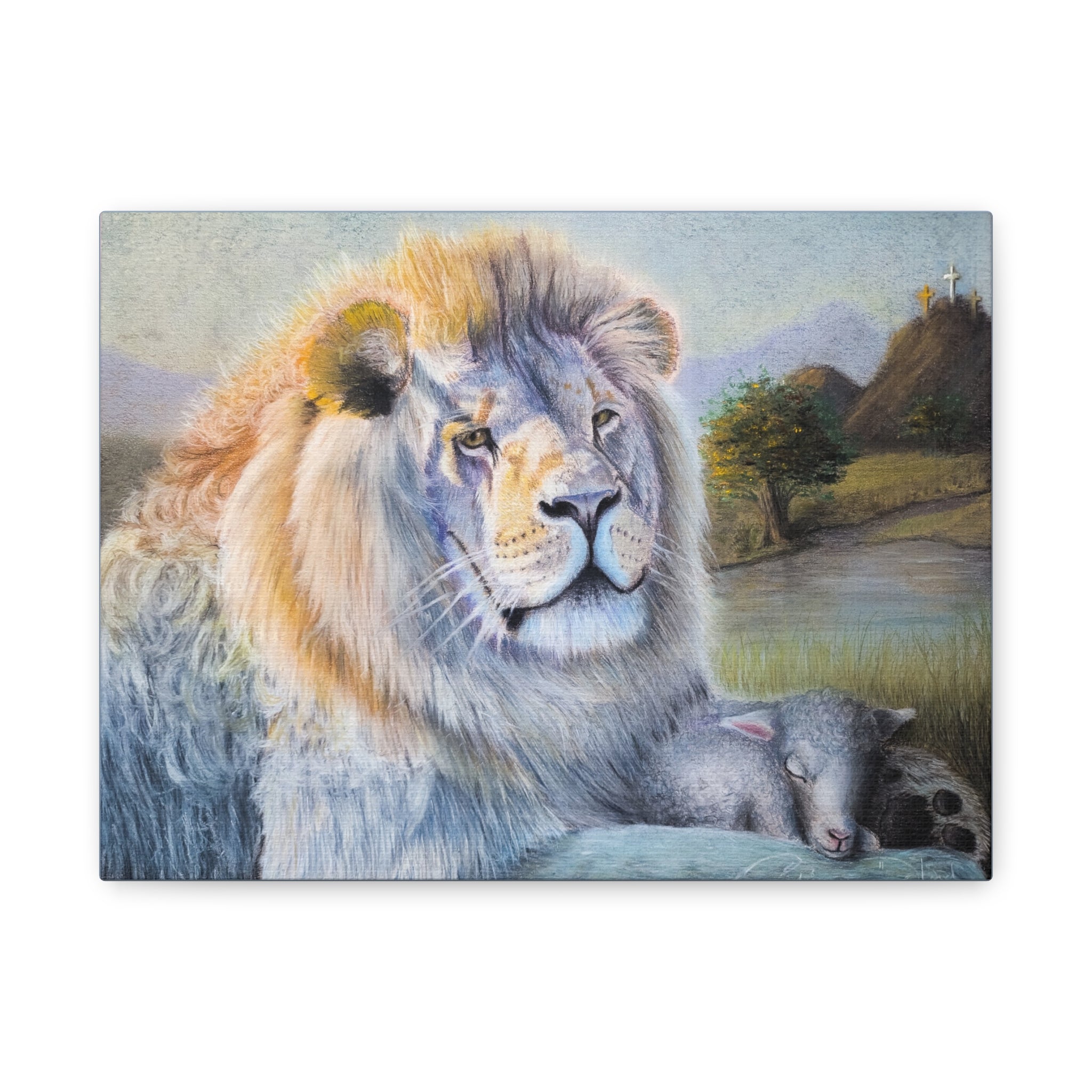 Lion and Lamb Matte Canvas Wall Art — Peaceful Religious Landscape
