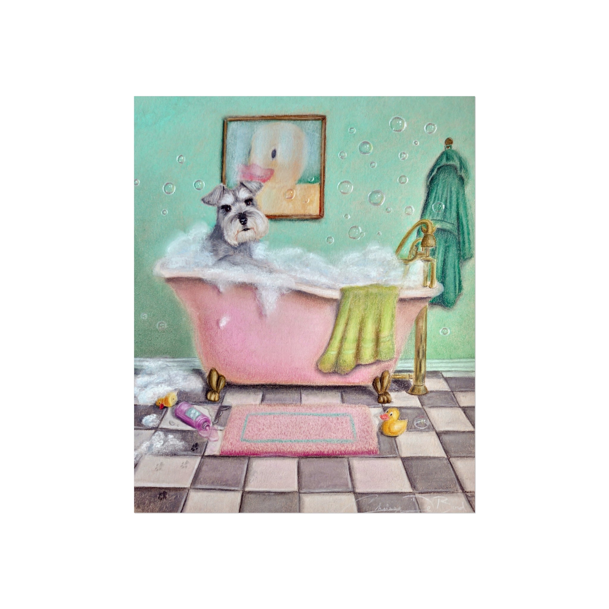 Schnauzer Bubble Bath Fine Art Poster — Whimsical Bathroom Wall Art