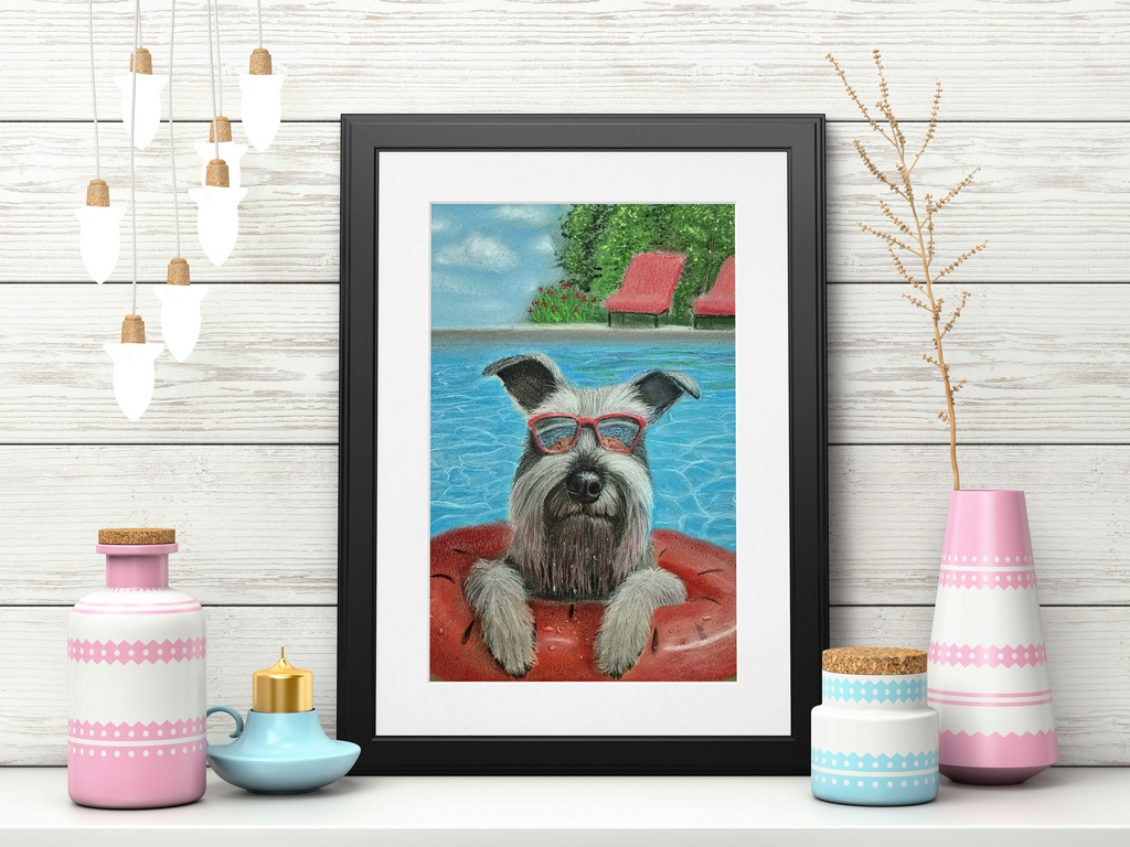 "Cool in the Pool" Fine Art Poster — Schnauzer in Sunglasses Summer Wall Print